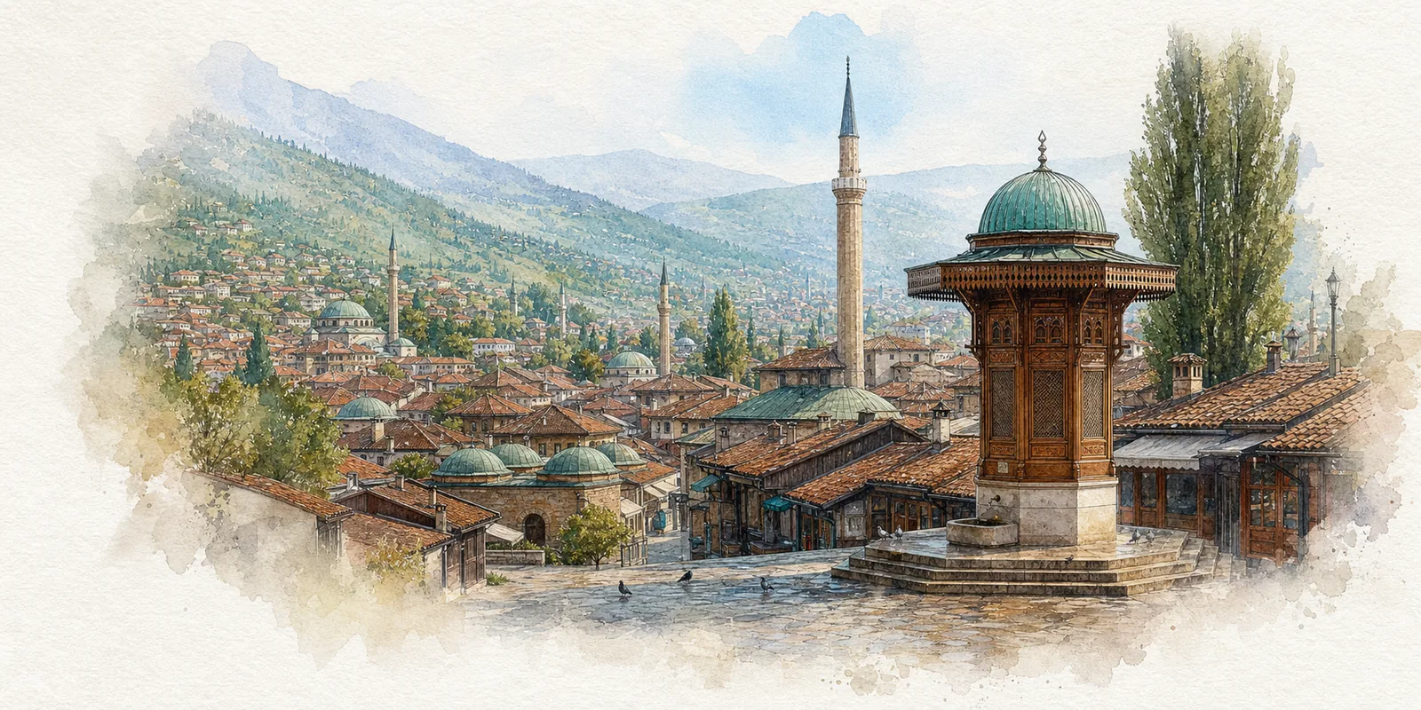 Sarajevo watercolor city weather illustration