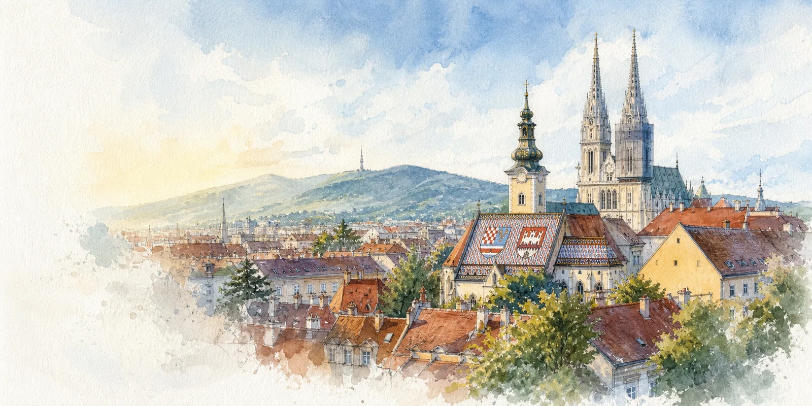 Zagreb watercolor city weather illustration