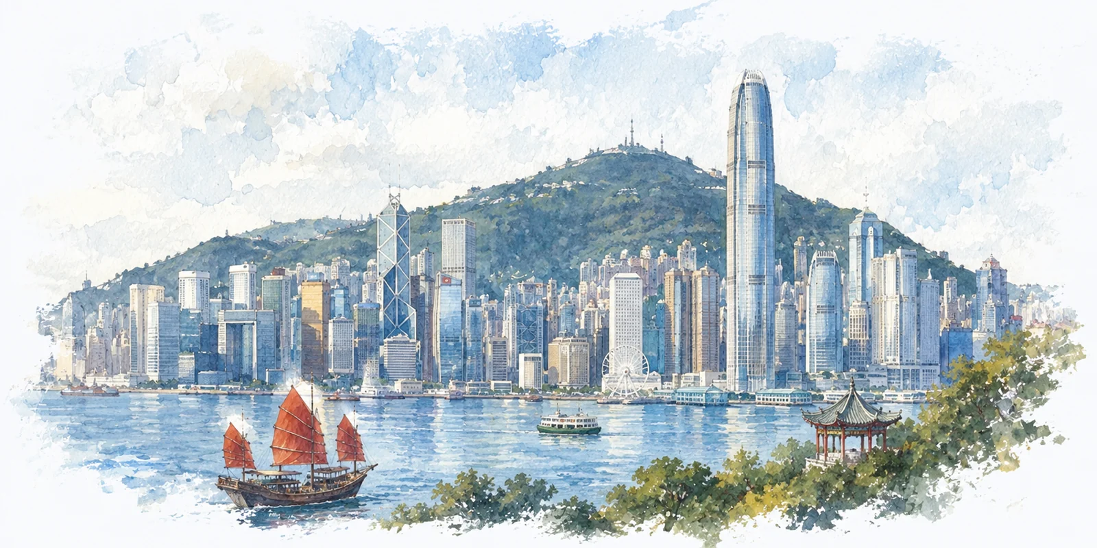 Hong Kong watercolor city weather illustration