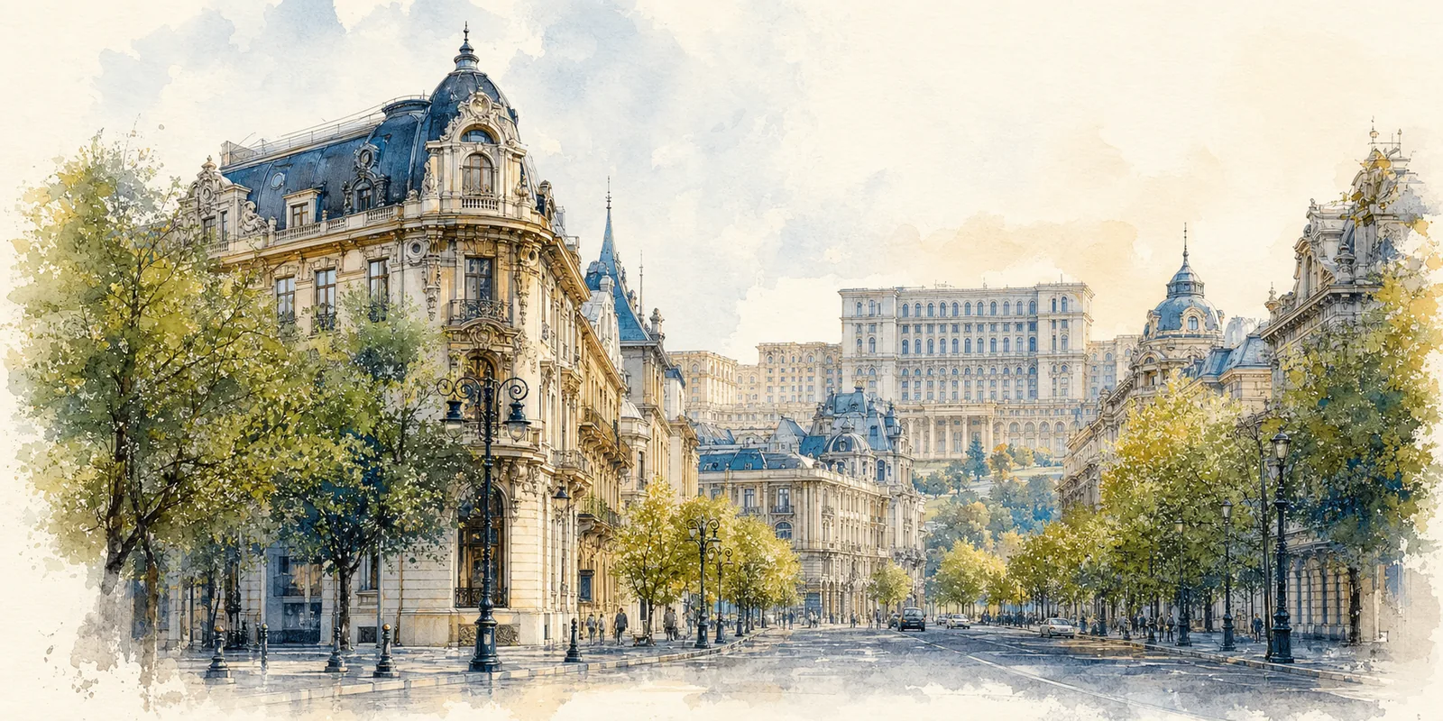 Bucharest watercolor city weather illustration