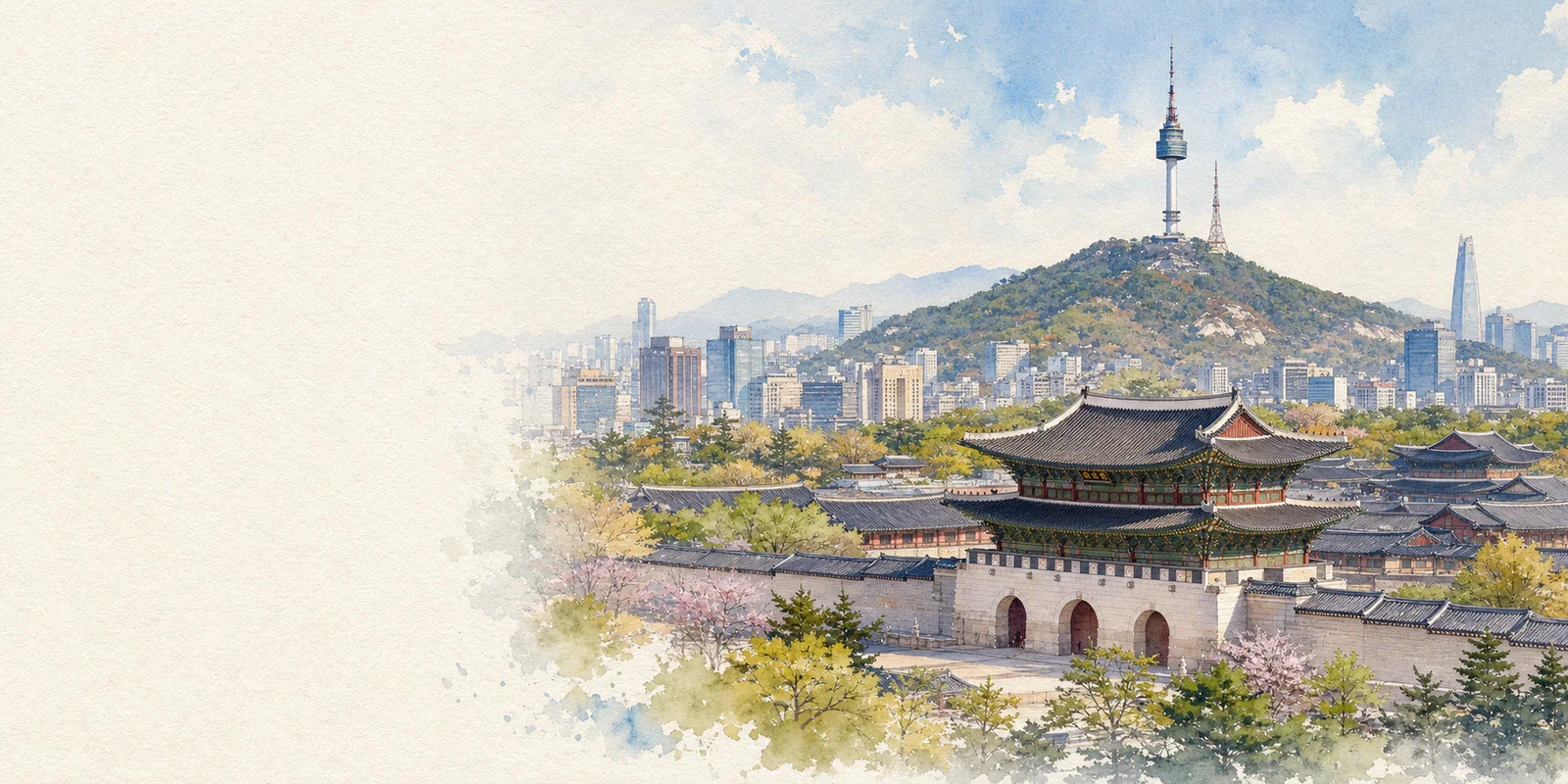 Seoul watercolor city weather illustration
