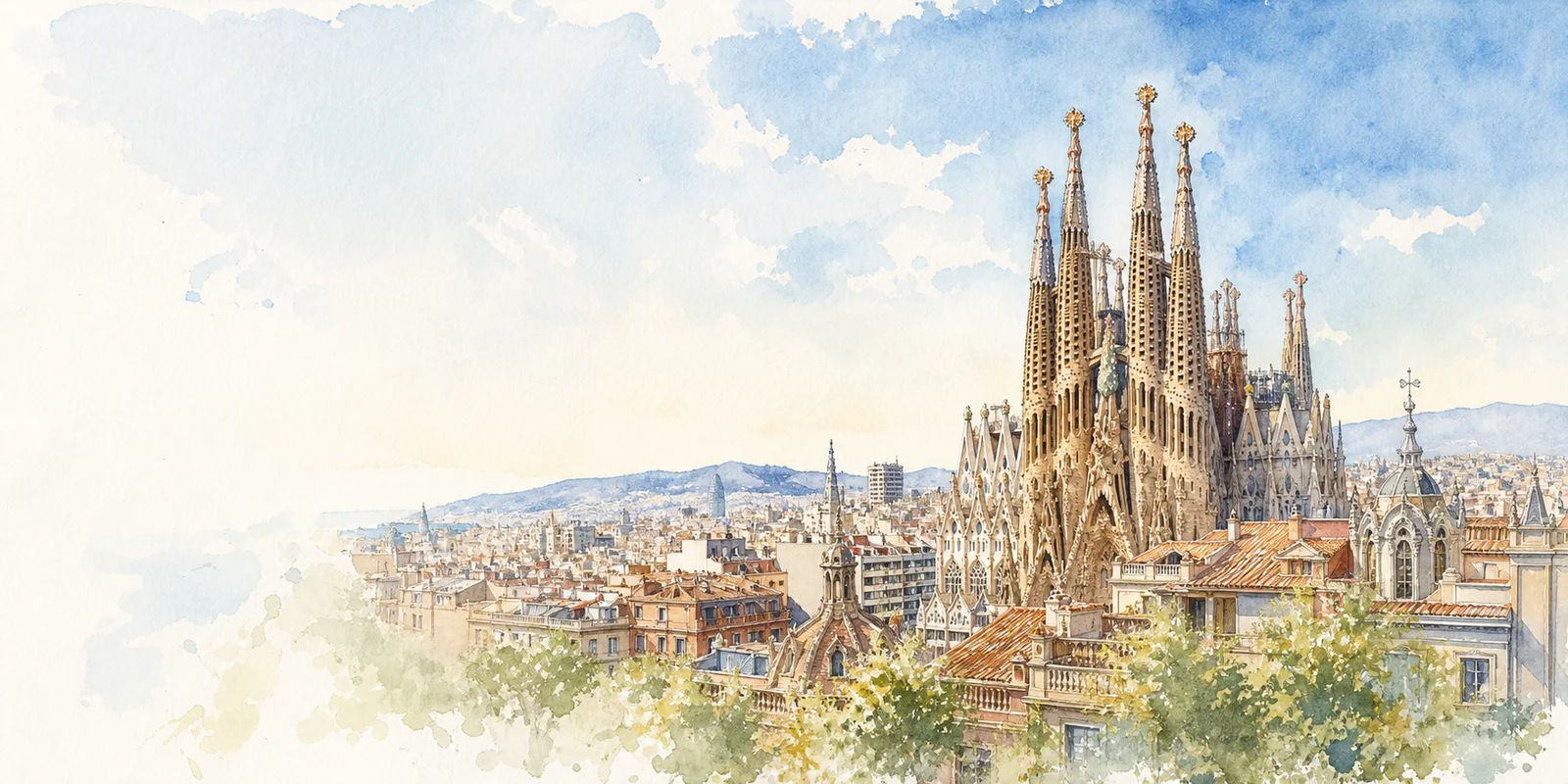 Barcelona watercolor city weather illustration
