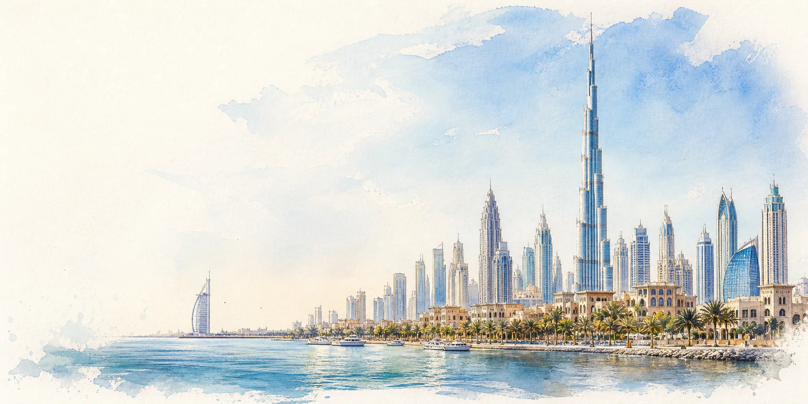 Dubai watercolor city weather illustration