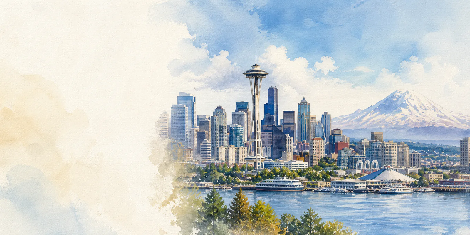 Seattle watercolor city weather illustration